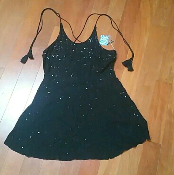 Free People Dresses & Skirts - Free People Black Sequin Tassel Slip Mini Dress